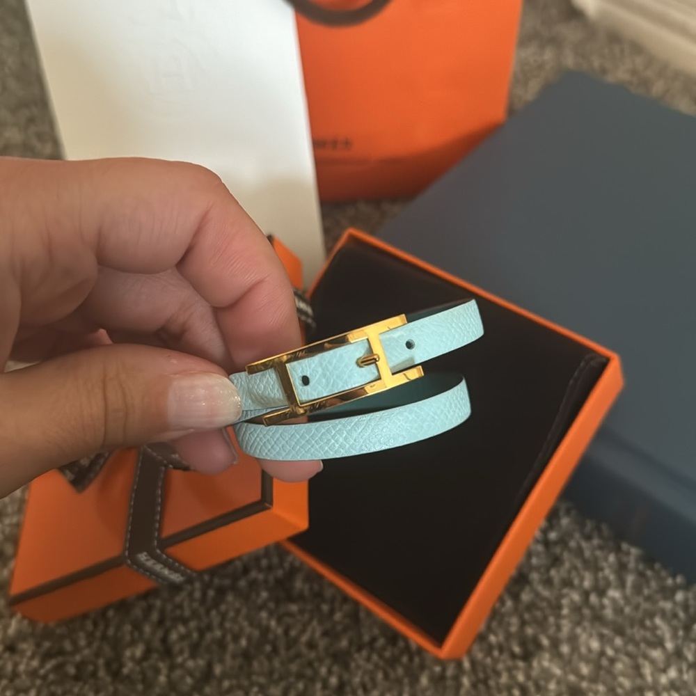 Hermes Light Blue Double Tour Bracelet with Gold H Buckle - Picture 3 of 10